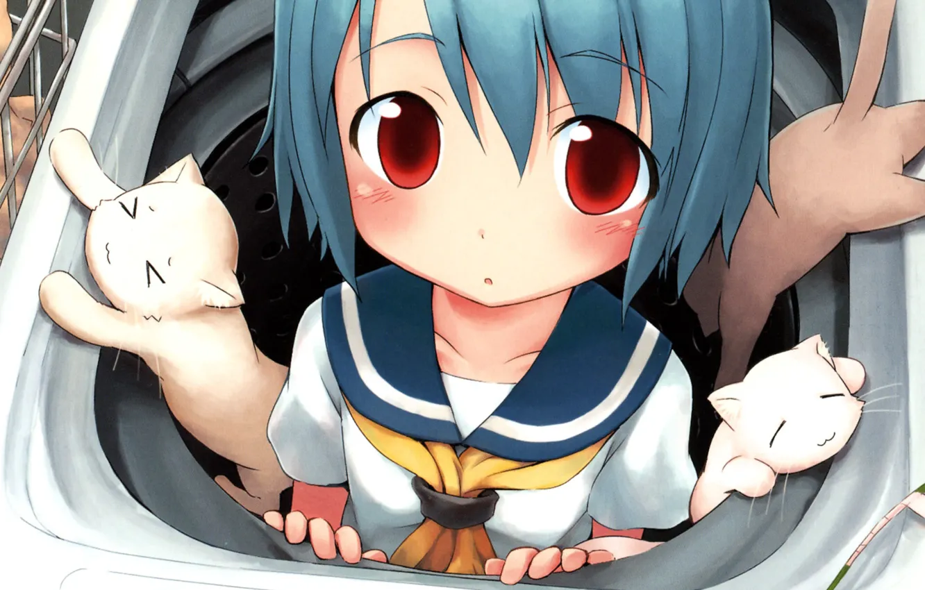 Photo wallpaper machine, blue, hair, girl, three, kitty, sailor, washing
