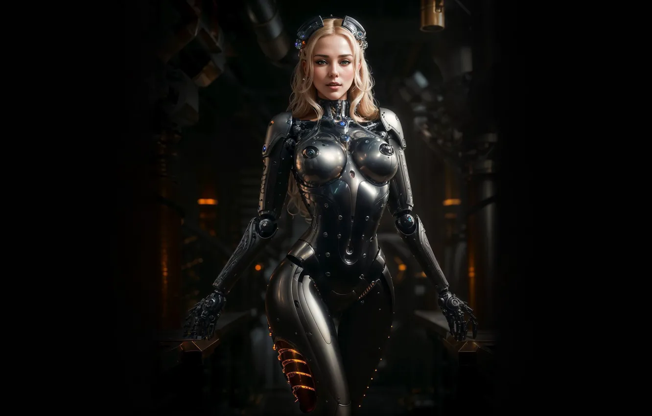 Photo wallpaper girl, metal, slim, blonde, armor, cyborg, slender girl