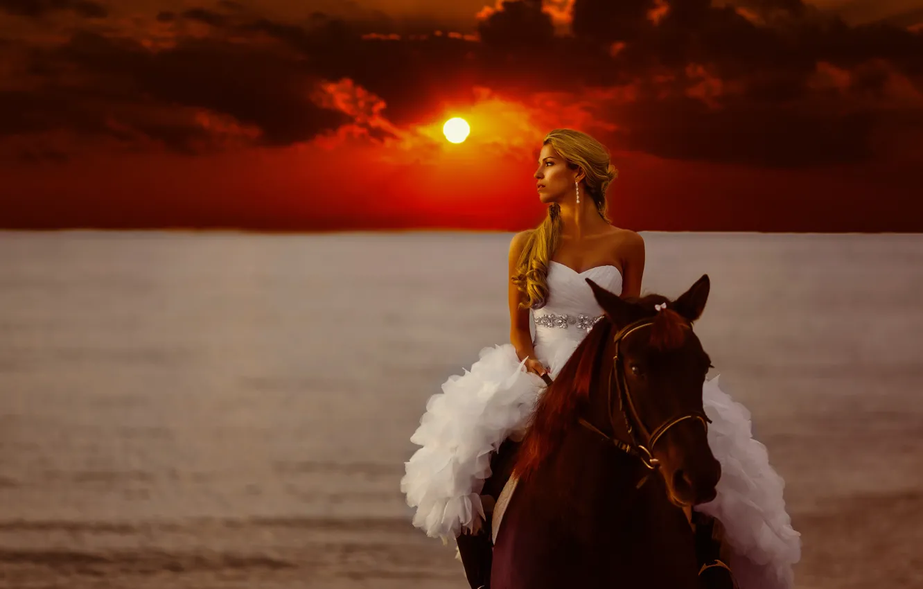 Photo wallpaper sea, girl, sunset, style, mood, horse, horse, dress