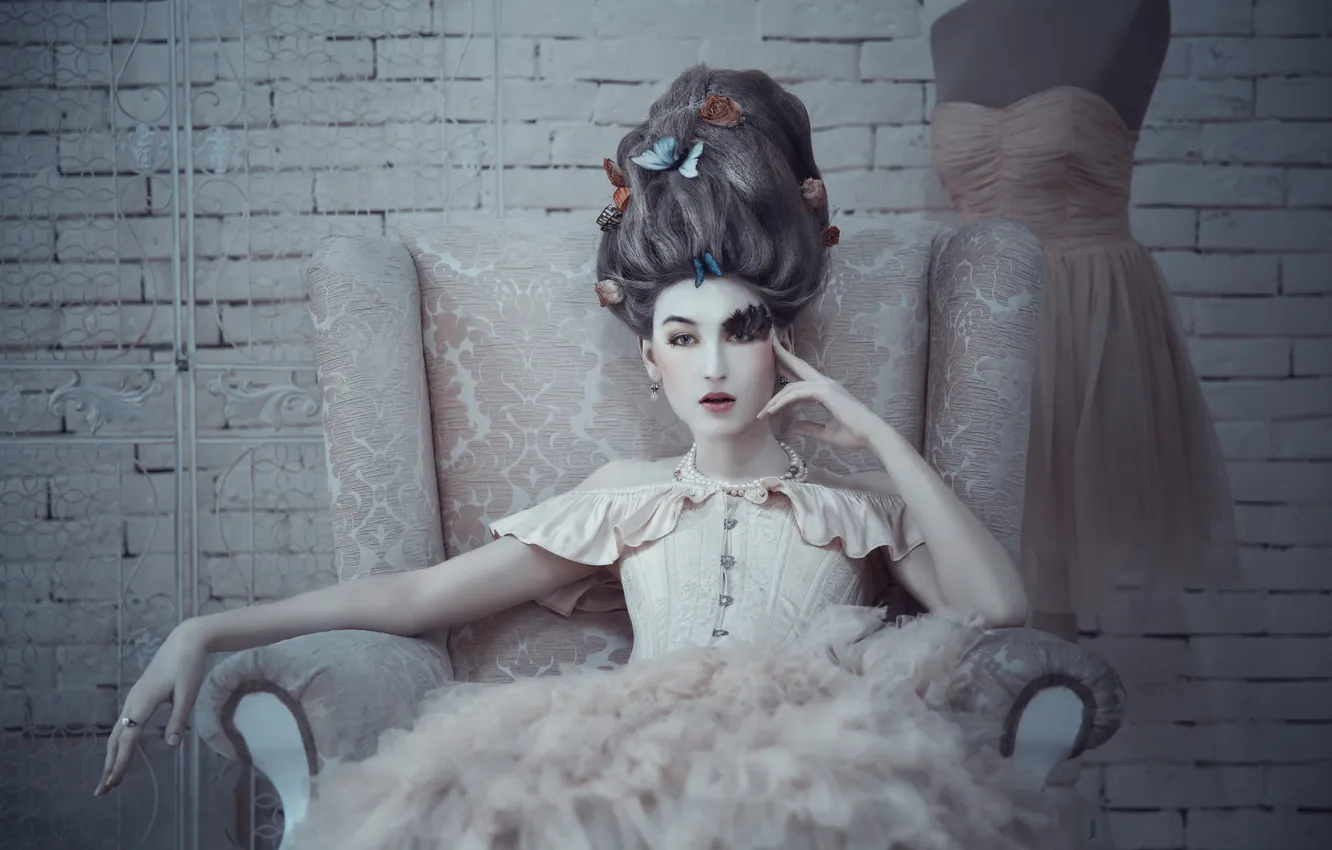 Photo wallpaper girl, flowers, pose, style, table, brick, chair, dress