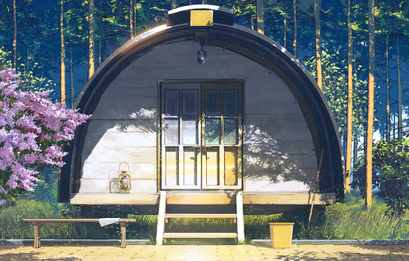 Photo wallpaper forest, bucket, buildings, everlasting summer, Summer camp