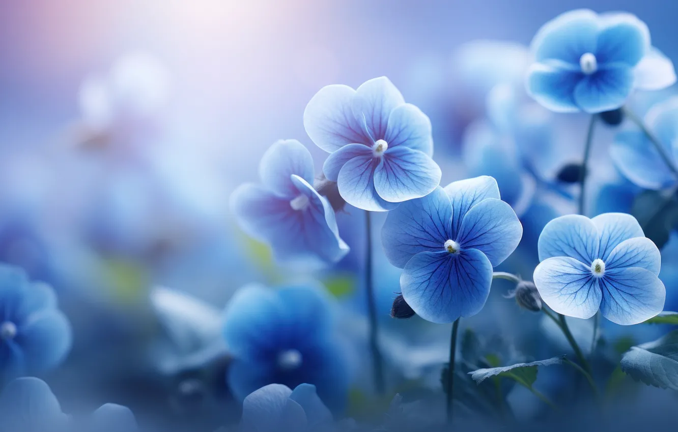 Photo wallpaper flowers, blue, blue, spring, Pansy, flowerbed, bokeh, viola