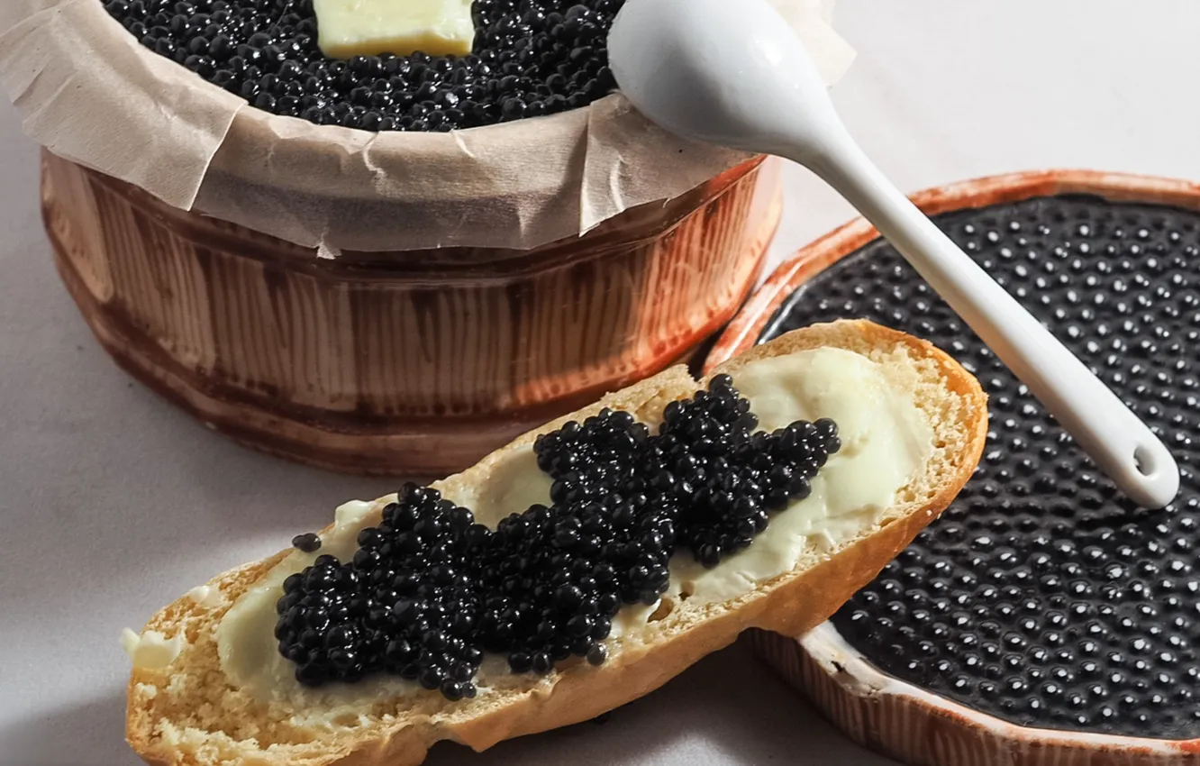 Photo wallpaper oil, bread, caviar, barrel