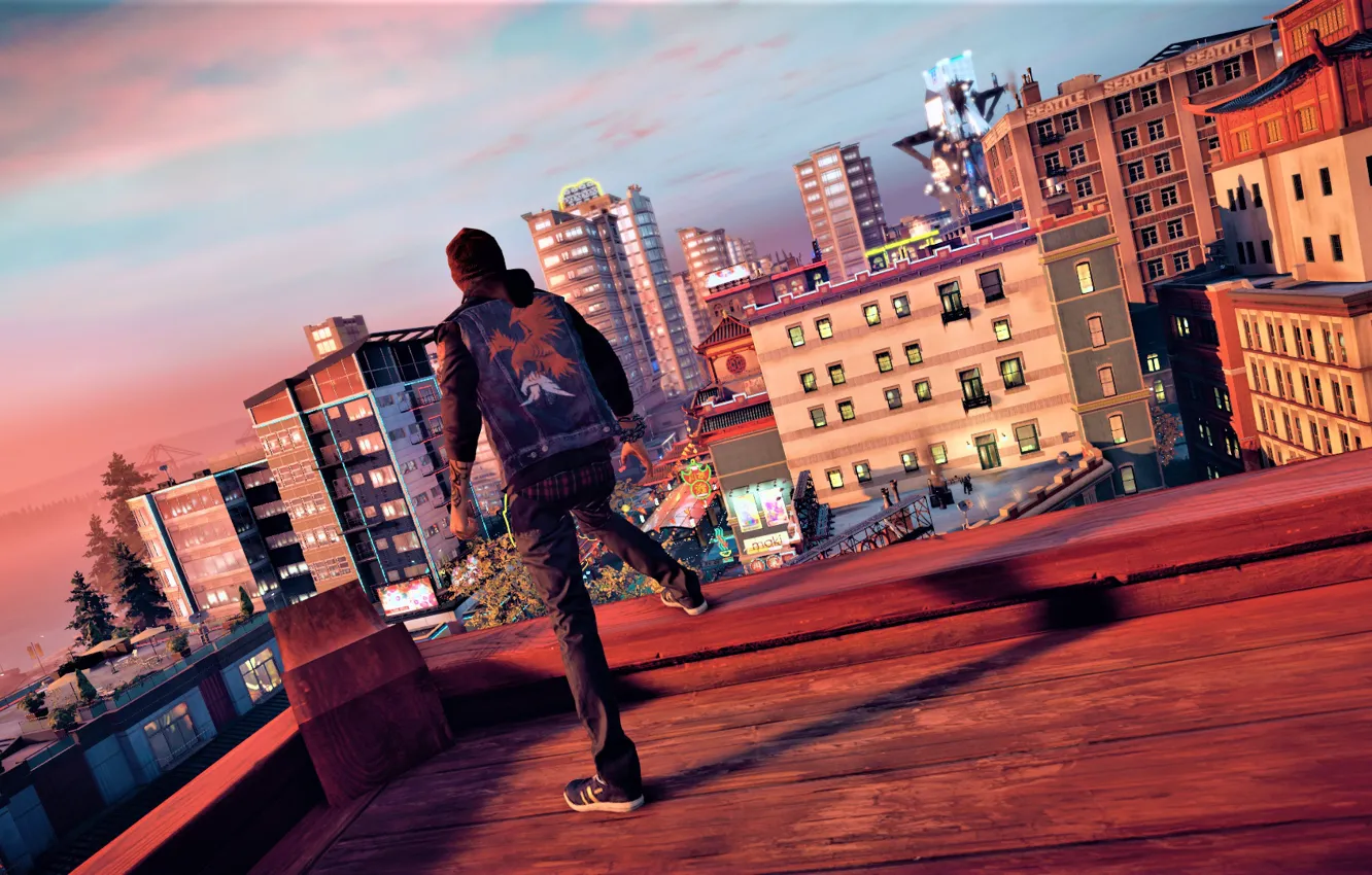 Photo wallpaper roof, the city, guy, infamous, inFamous: Second Son