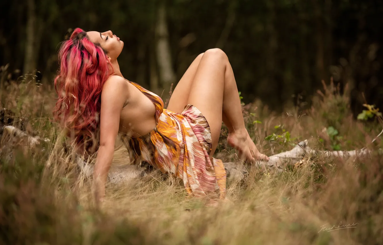Photo wallpaper girl, pose, legs, nature, sundress, pink hair, closed eyes, Kate
