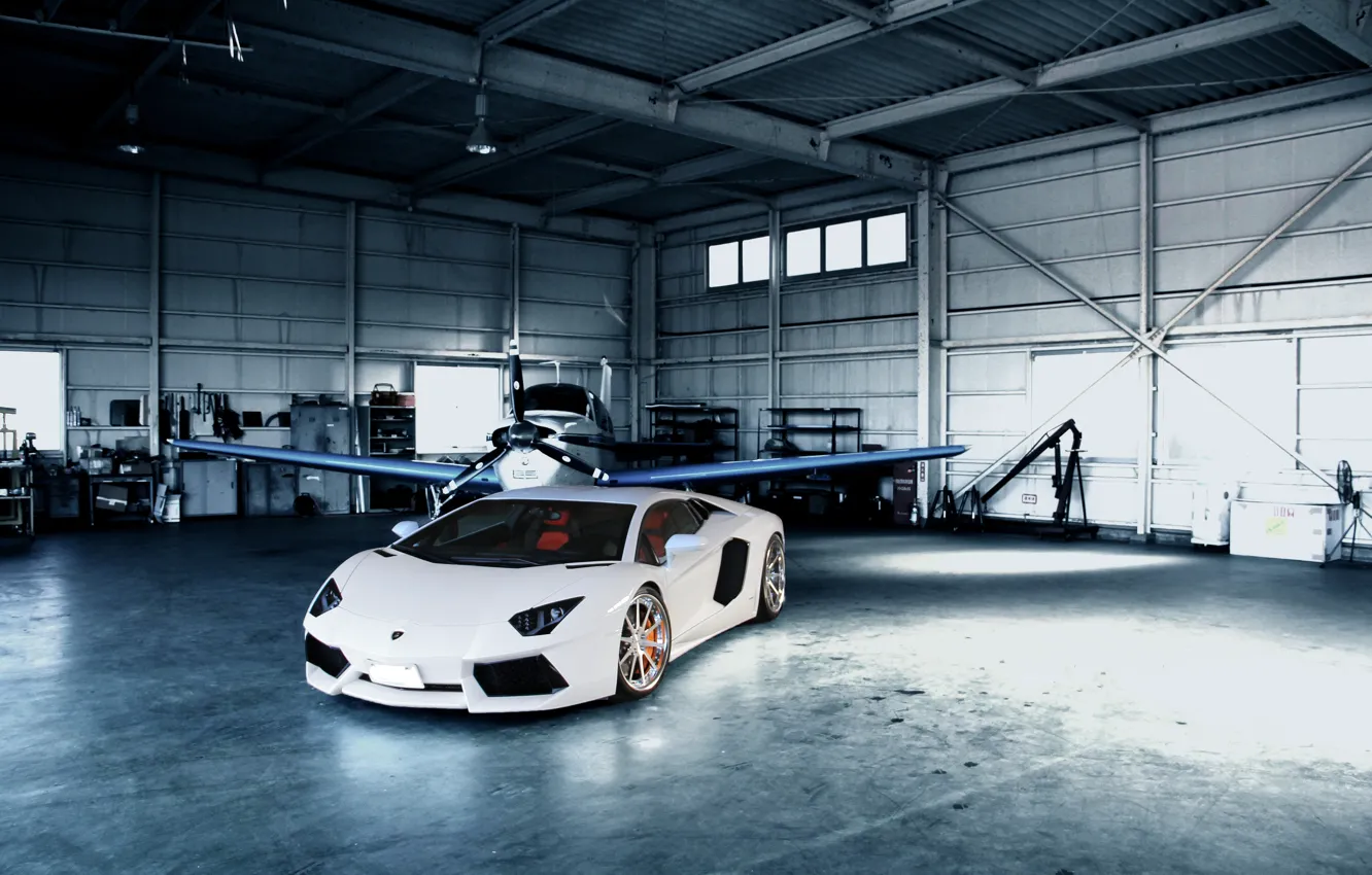 Photo wallpaper white, reflection, the plane, hangar, white, lamborghini, aventador, lp700-4