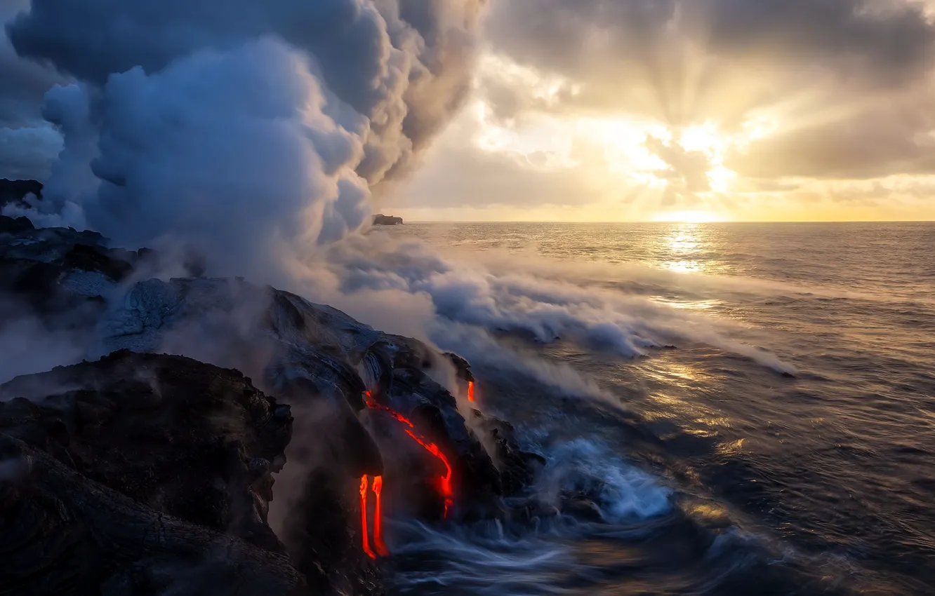 Photo wallpaper Hawaii, lava, morning light, steaming rocks