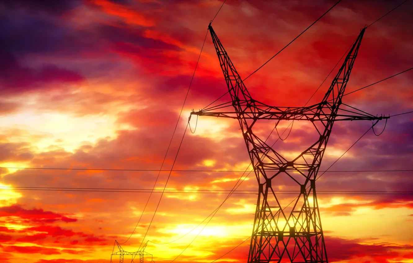 Photo wallpaper Power lines, The SKY, CLOUDS, WIRE, SUNSET, DAWN, ELECTRICITY, POST