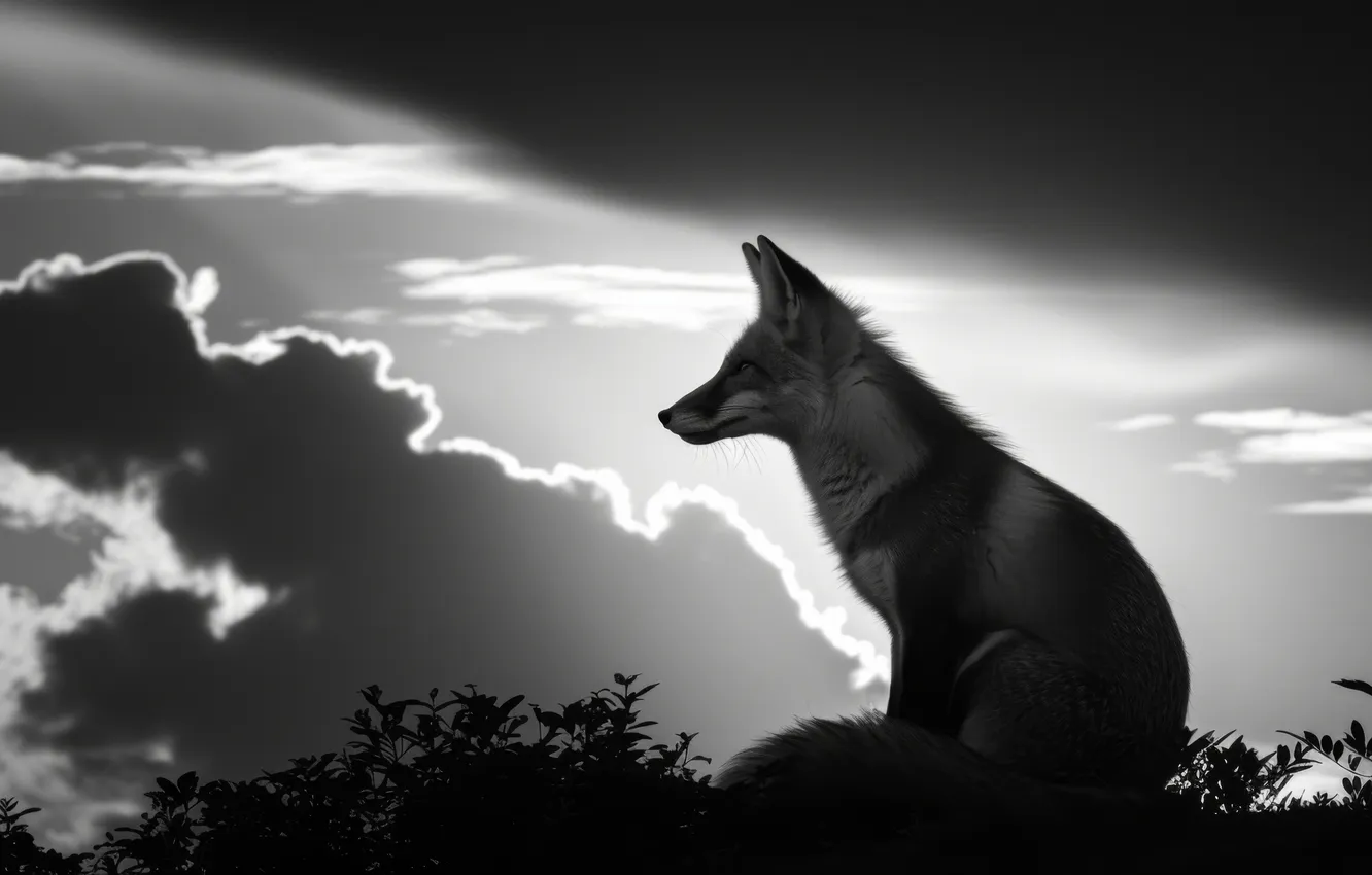 Photo wallpaper grass, clouds, Fox, black and white, side, predator, digital art, AI art