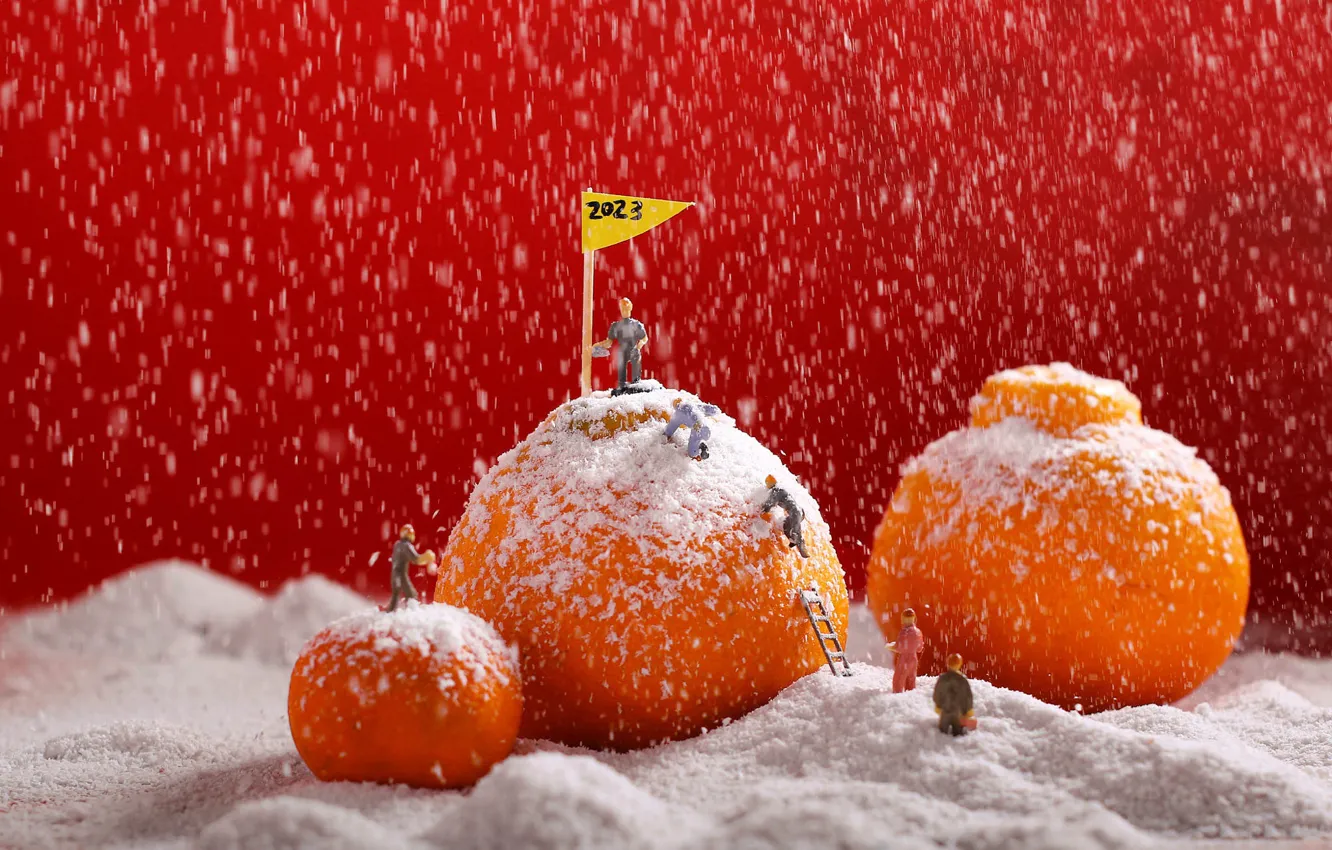 Photo wallpaper winter, snow, mountains, hills, toy, people, new year, men