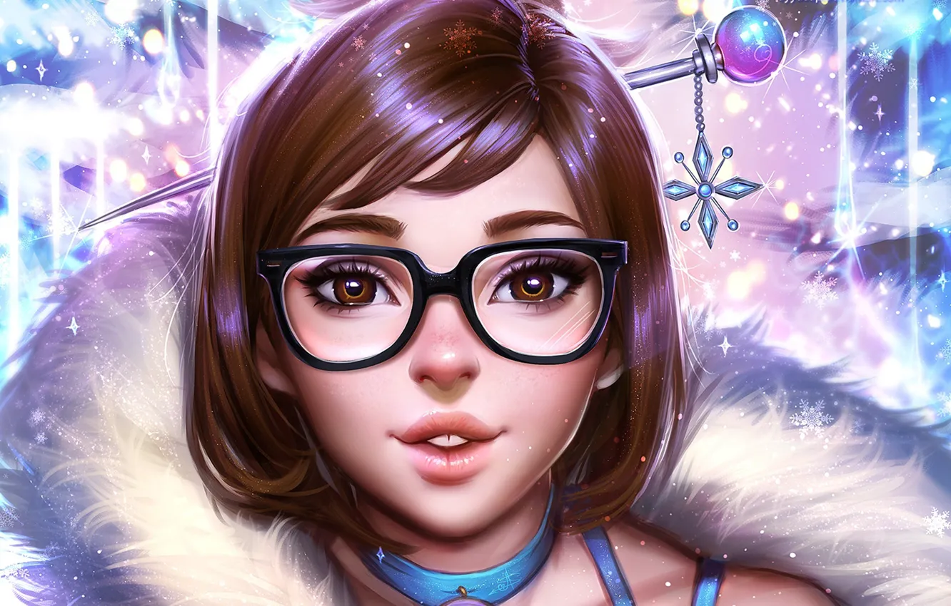 Photo wallpaper winter, girl, face, holiday, new year, glasses, beauty, Blizzard