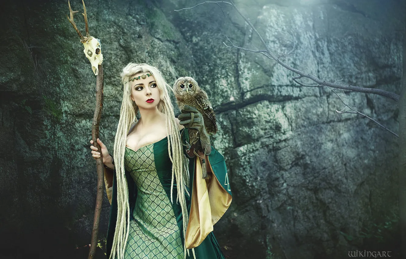 Photo wallpaper chest, look, girl, branches, nature, style, stones, rocks