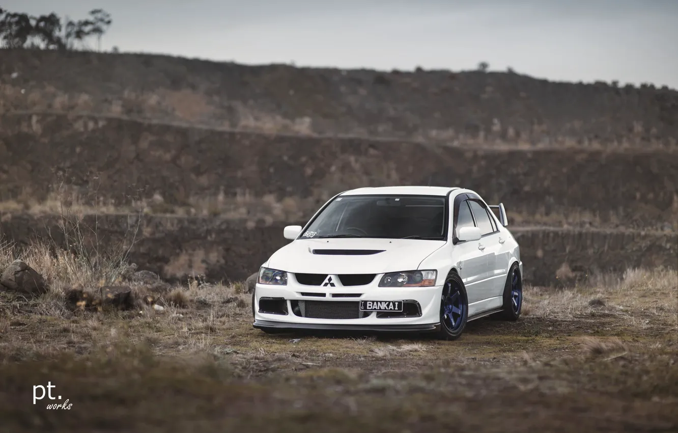 Photo wallpaper Mitsubishi, Lancer, Japan, white, Evolution, Front, tuning, evo