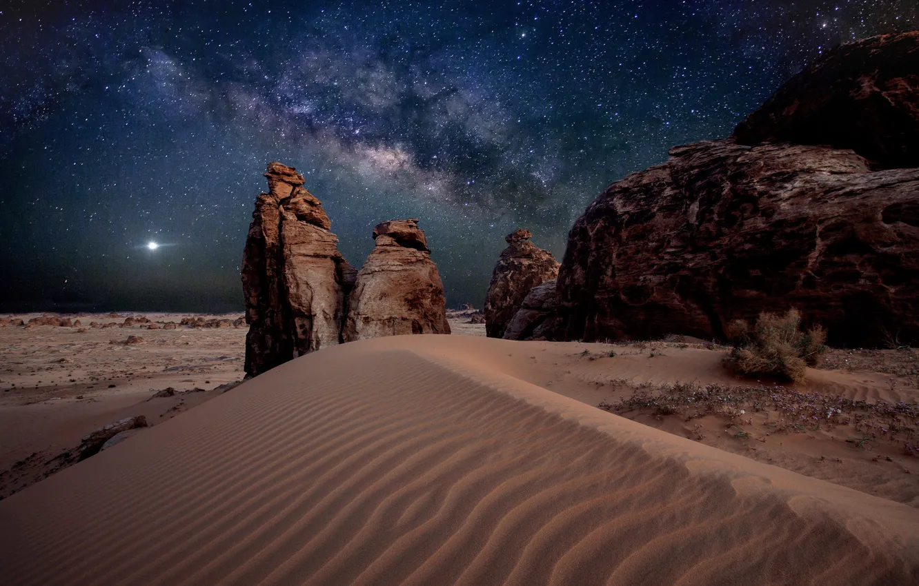 Photo wallpaper sand, stars, stones, desert, The milky way