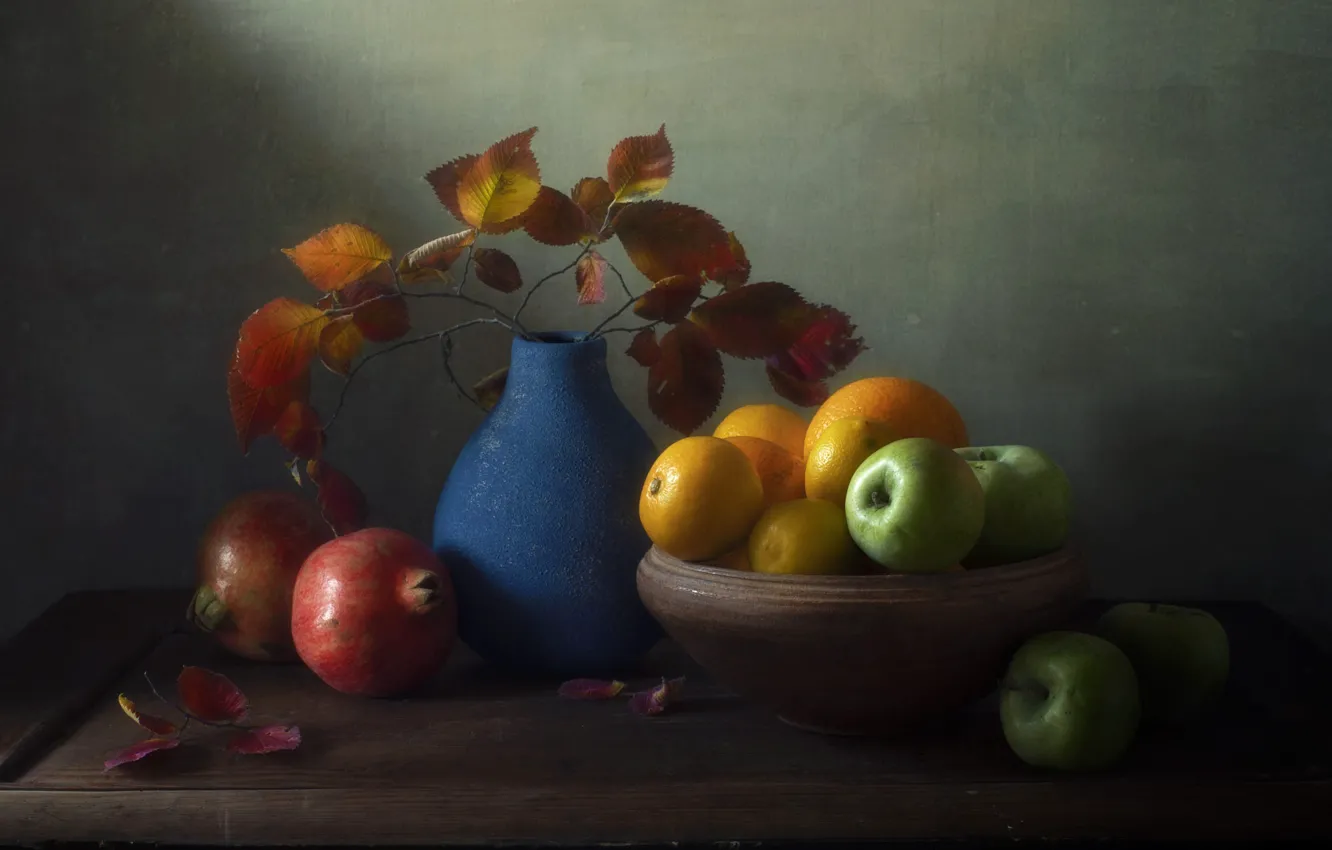 Photo wallpaper lemon, orange, vase, table, bouquet, still life, autumn leaves, fruit