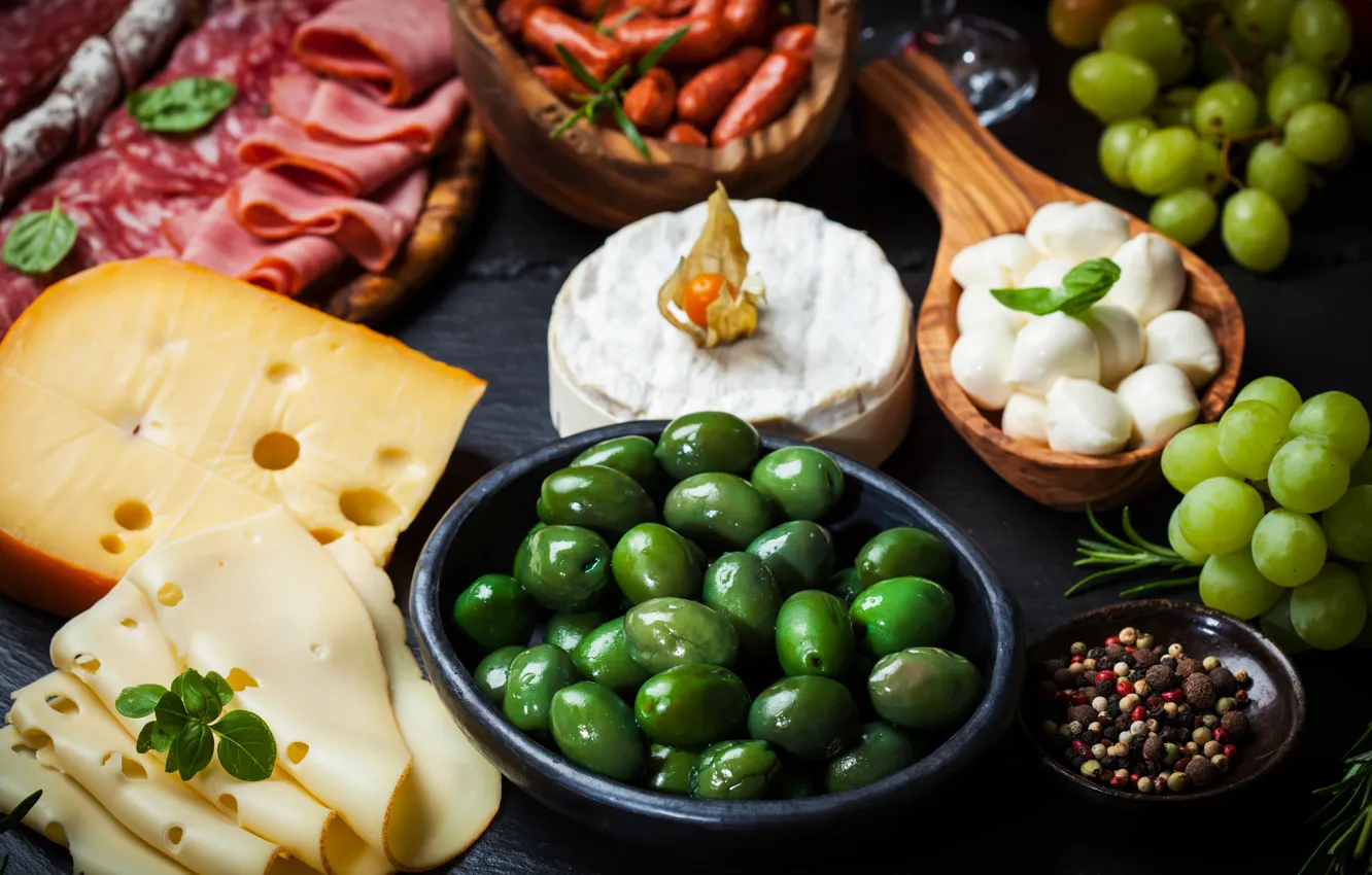 Photo wallpaper food, cheese, grapes, dishes, pepper, olives, sausage, salmon