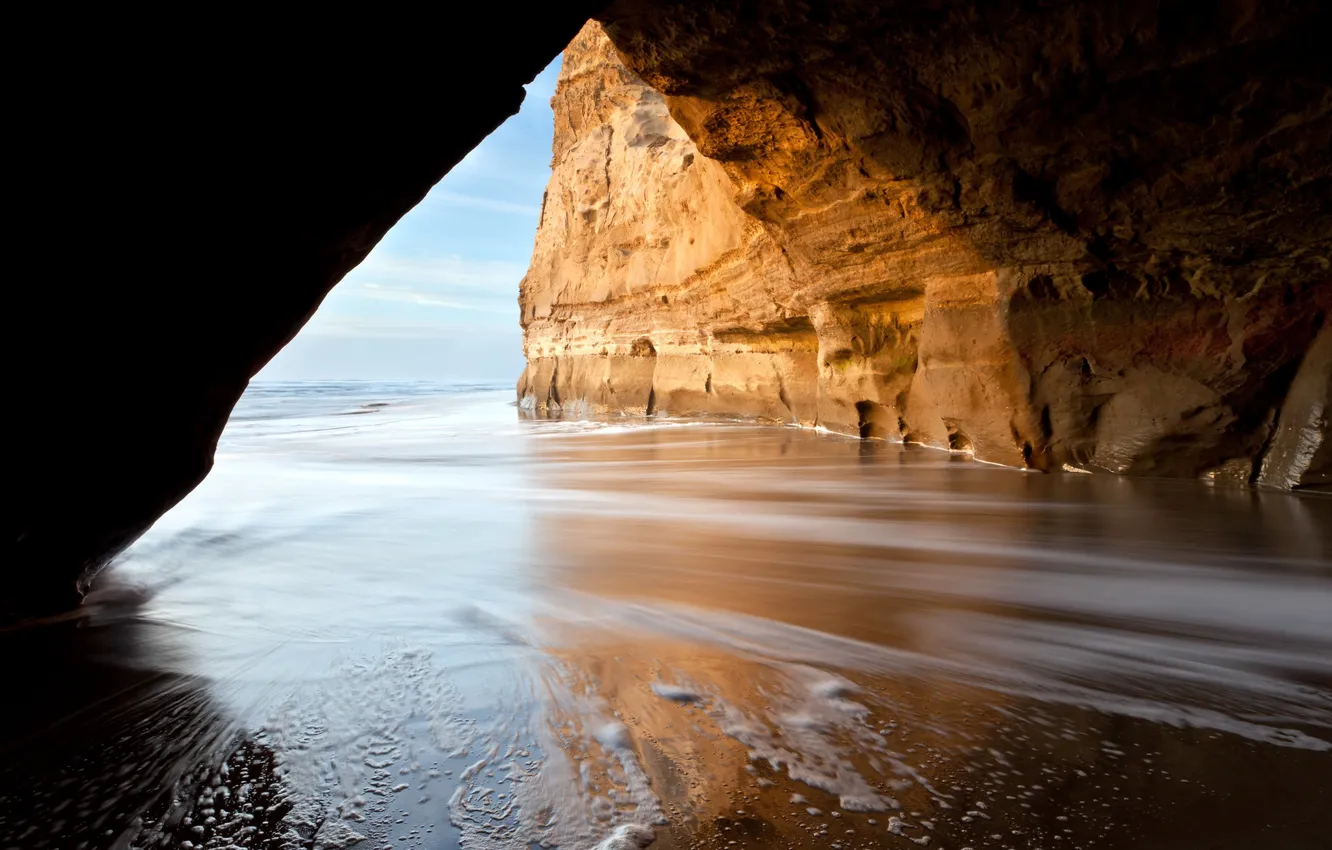 Photo wallpaper sand, beach, the sky, clouds, landscape, nature, the ocean, rocks