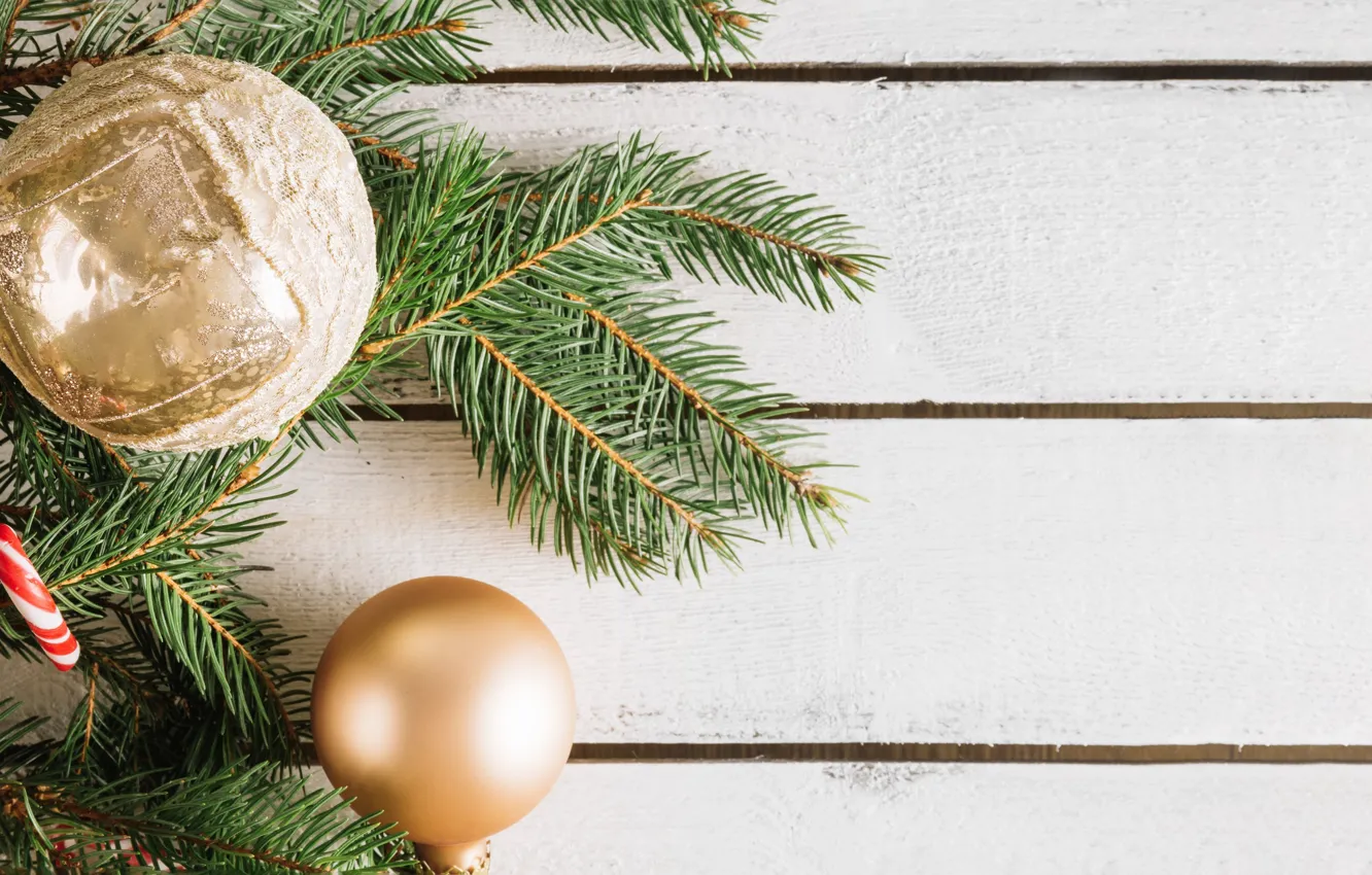 Photo wallpaper holiday, new year, Golden balls, fir-tree branches