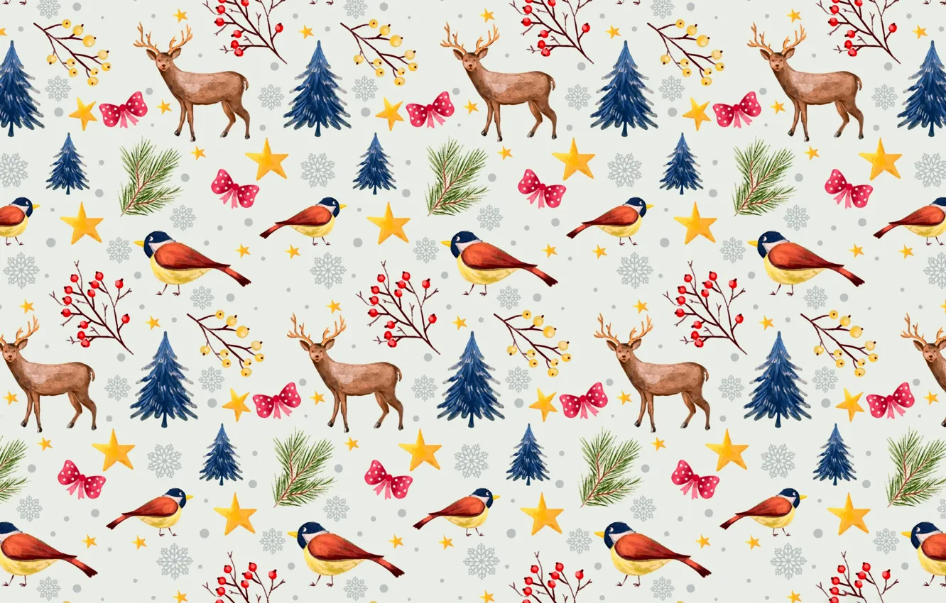 Photo wallpaper holiday, deer, New Year, Christmas, bullfinch
