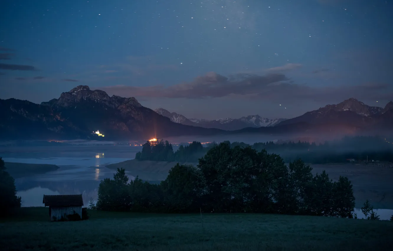 Photo wallpaper forest, mountains, night, lights, shore, tops, Alps, house