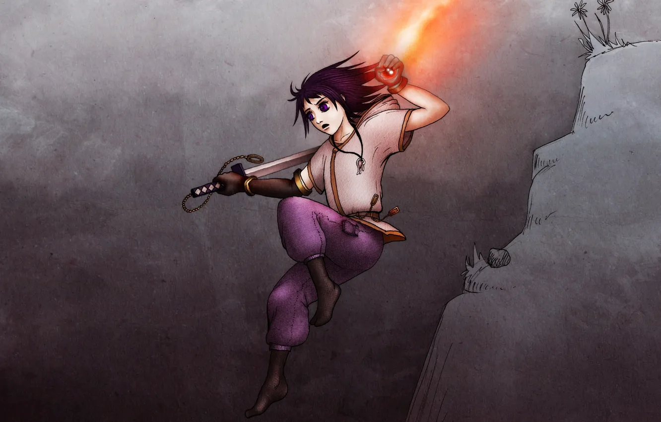 Photo wallpaper look, girl, weapons, jump, magic, surprise, sword, art