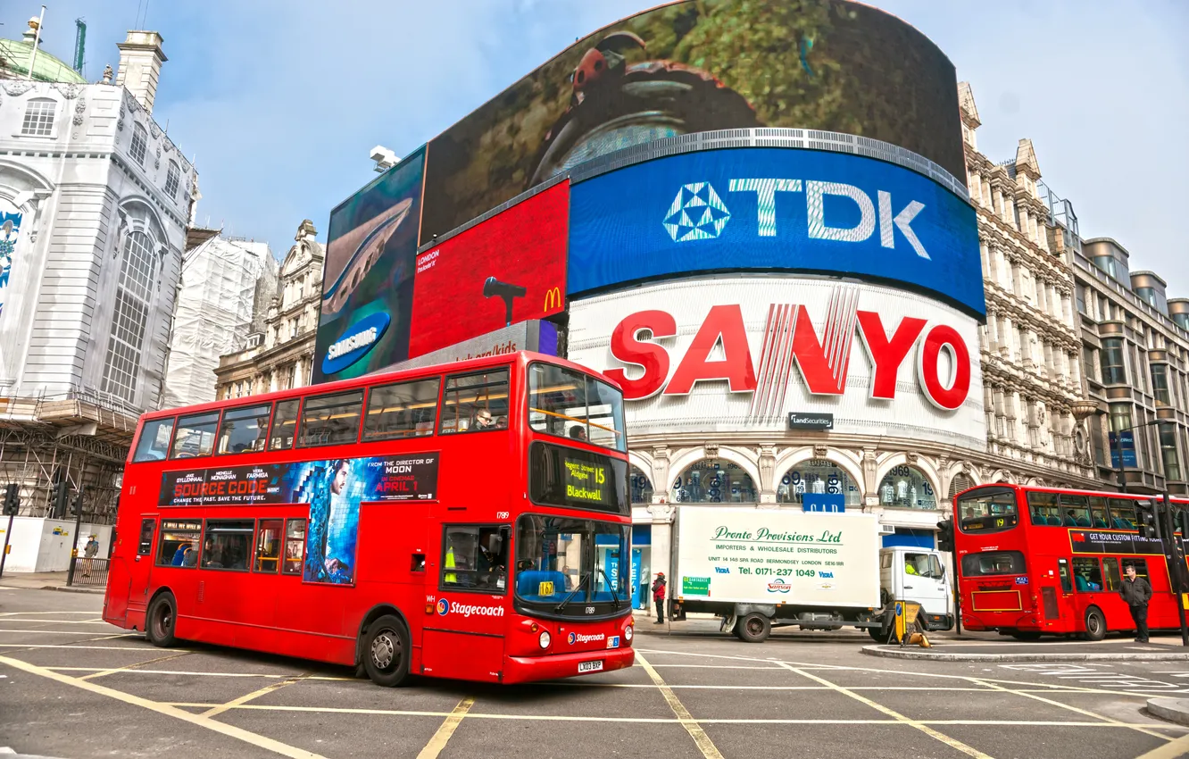 Photo wallpaper street, London, advertising, bus, street, London, England, bus