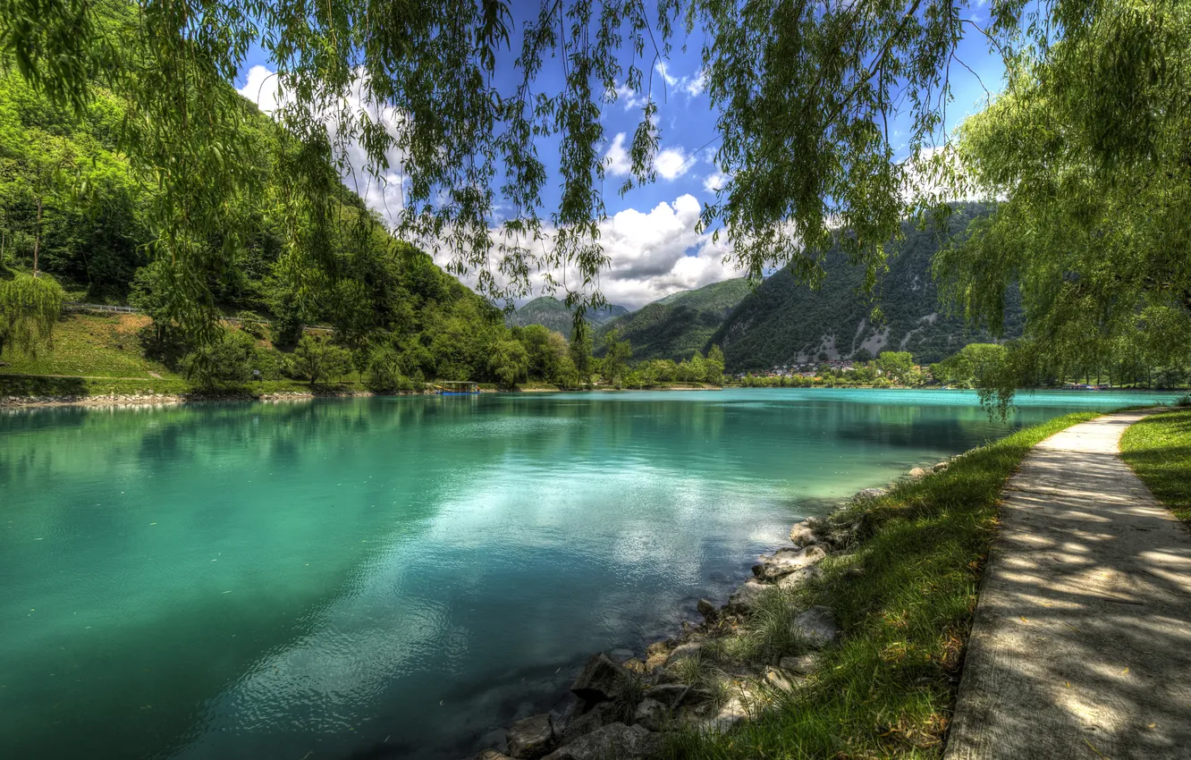 Photo wallpaper the sky, clouds, trees, mountains, river, shore, home, hdr