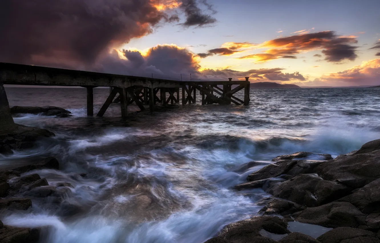 Photo wallpaper sea, landscape, sunset, bridge