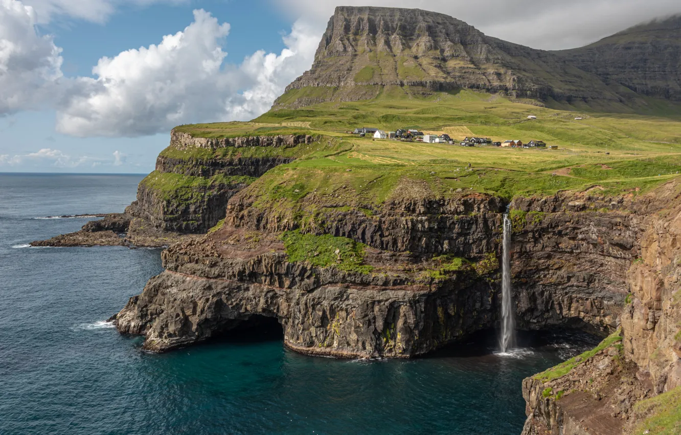 Photo wallpaper photo, Nature, Waterfall, Rock, Denmark, Bay, Coast, Faroe Islands