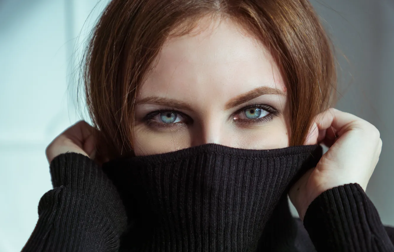 Photo wallpaper eyes, look, girl, face, hands, sweater, The