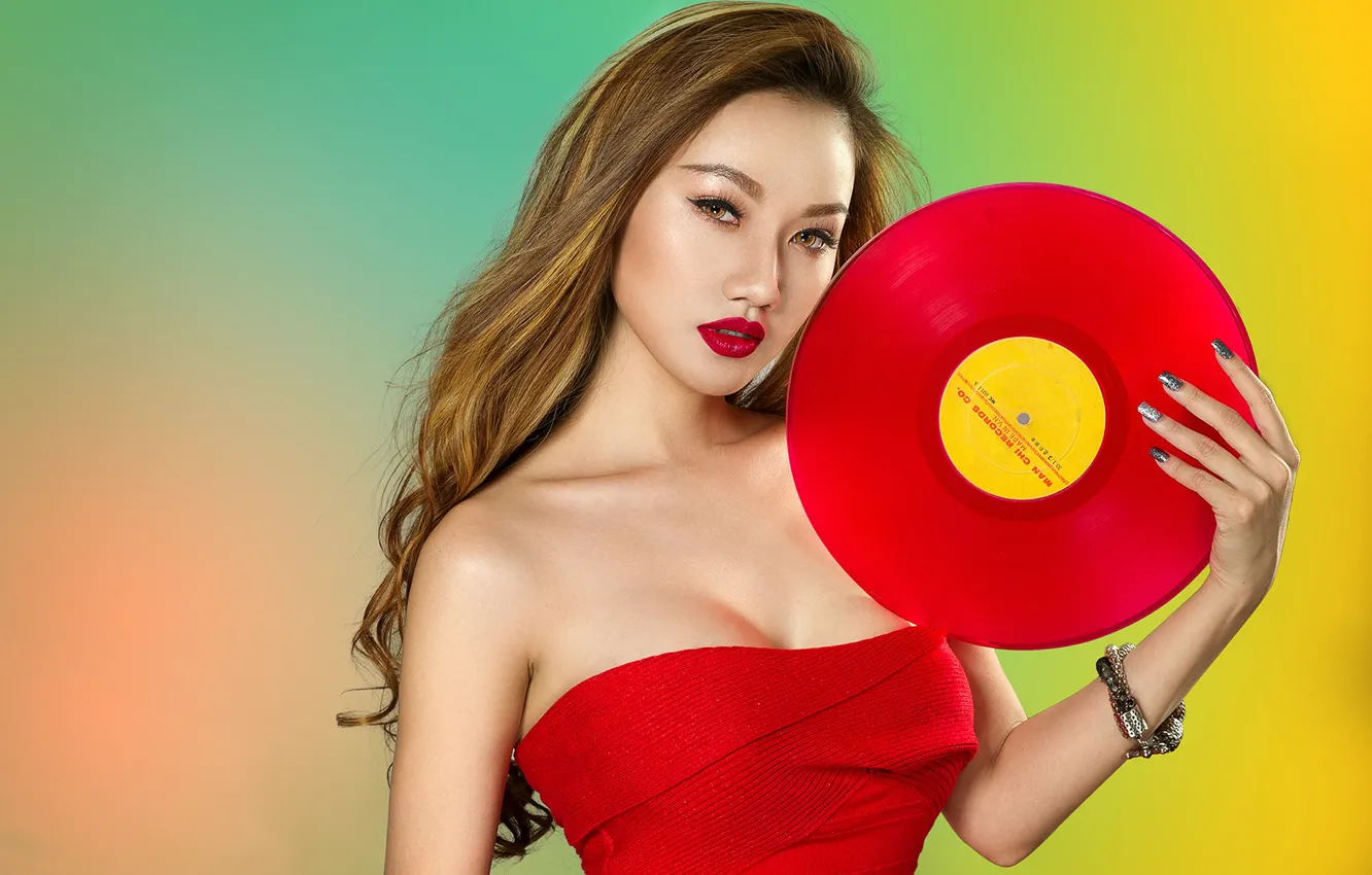 Photo wallpaper girl, red, face, style, dress, lipstick, record