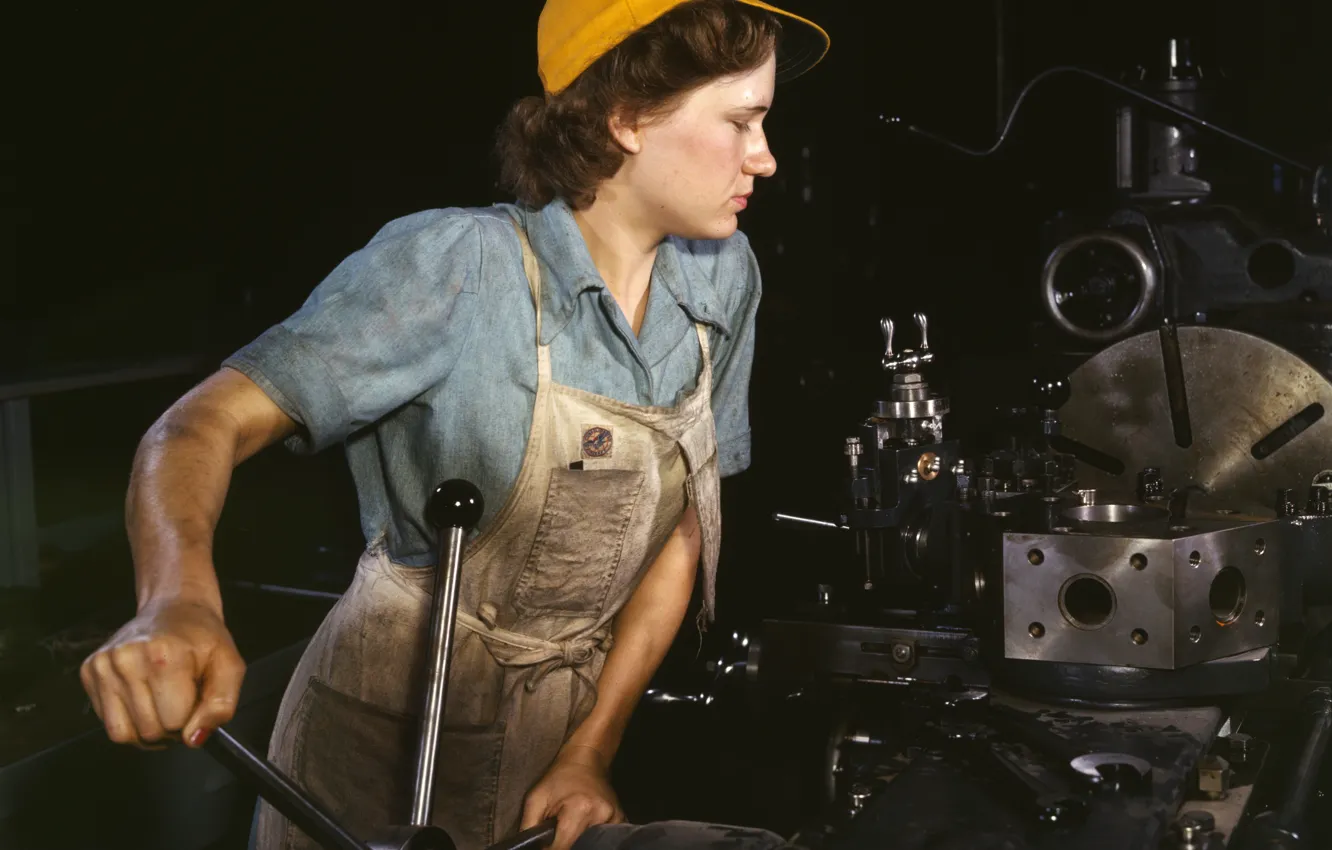 Photo wallpaper girl, working, Turner, turning machine-revolver