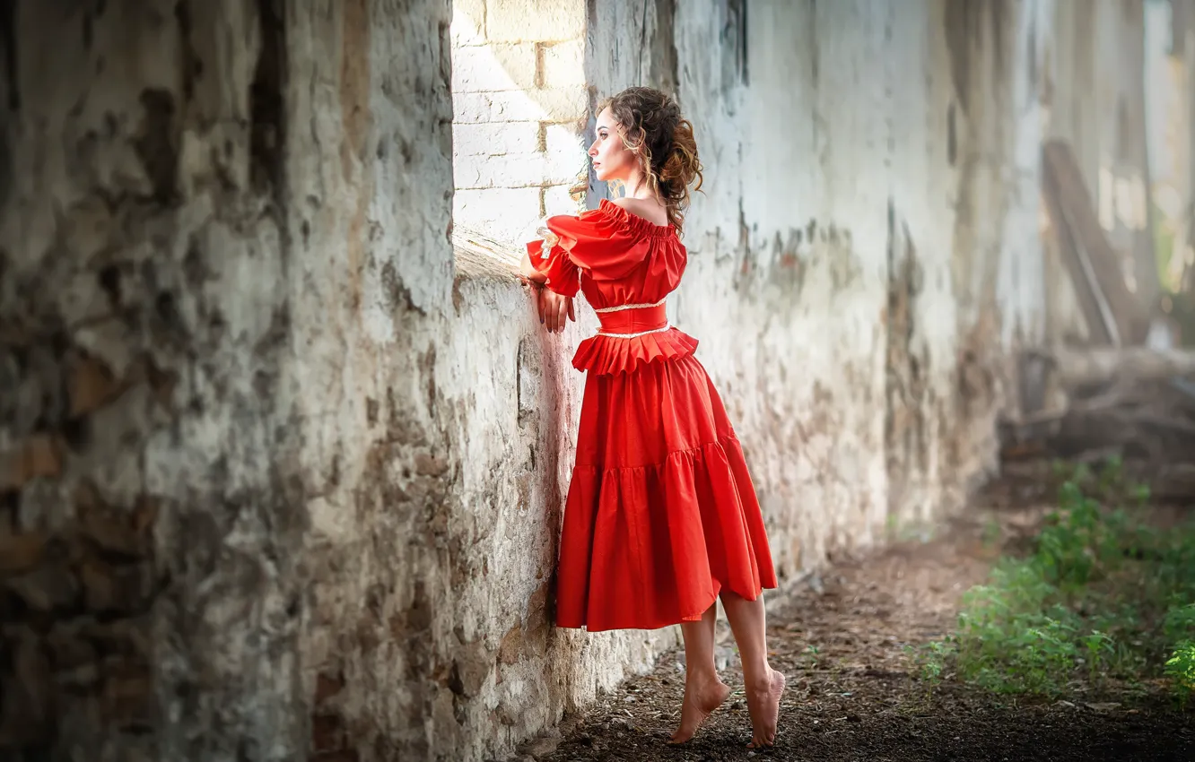 Photo wallpaper girl, building, barefoot, dress, window, brown hair, barefoot, Anastasia Barmina