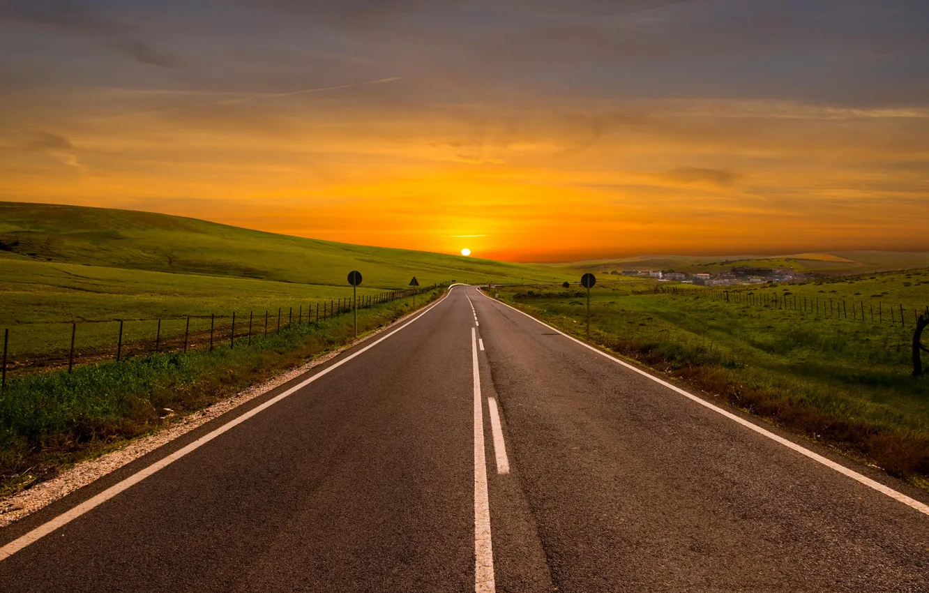 Photo wallpaper road, the sky, the sun, landscape, hills, view, field, turn
