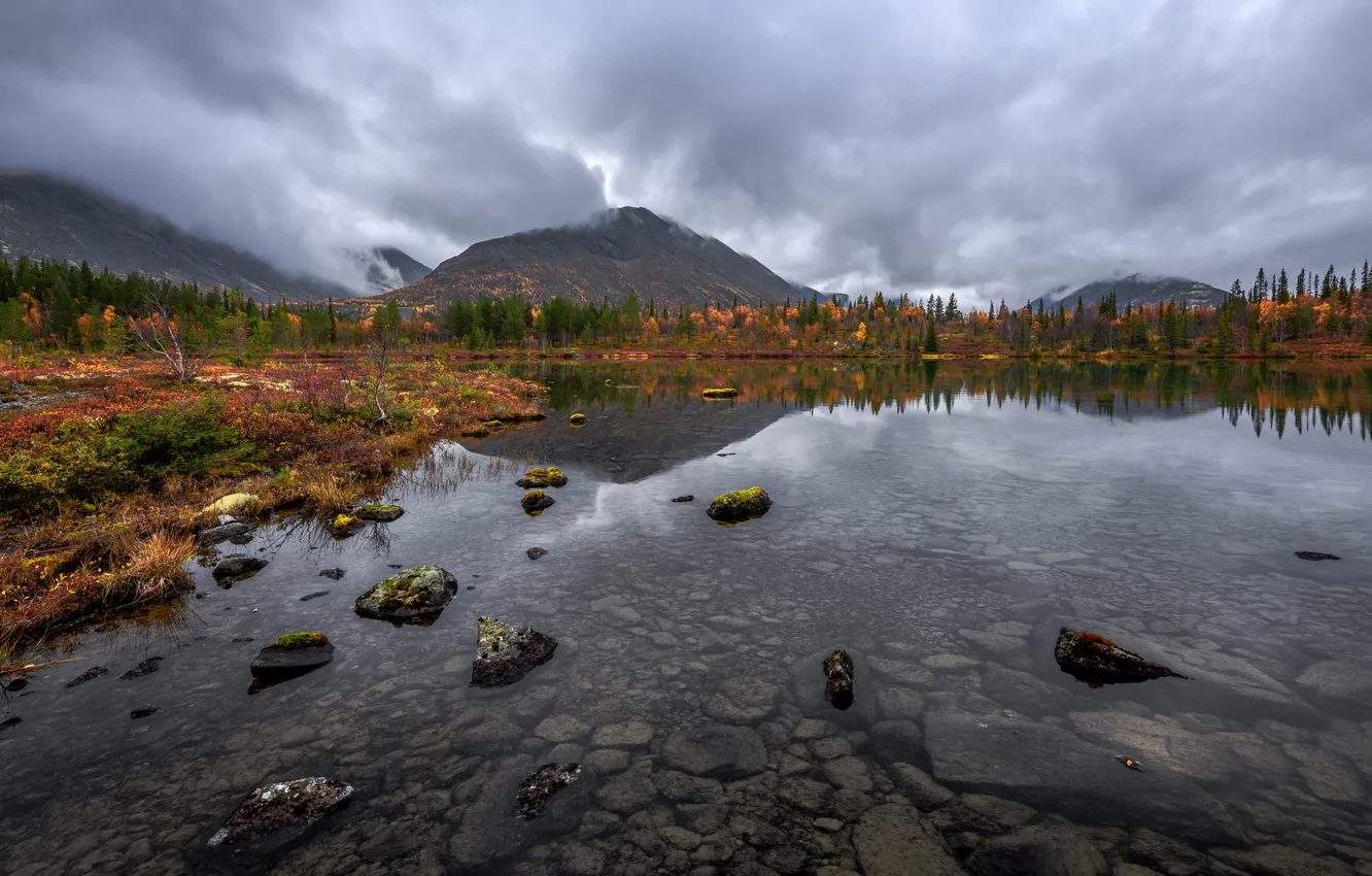 Photo wallpaper mountains, pebbles, horizon, pond, Evdokimov Maxim, Affectionate Khibiny