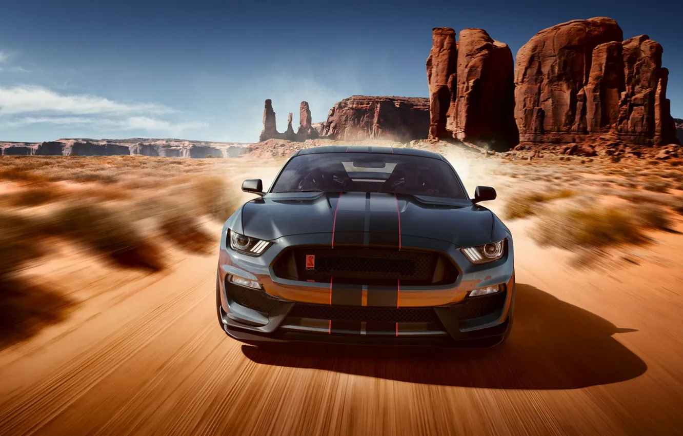 Photo wallpaper Ford, Shelby, USA, Ford Mustang, desert, sand, GT350, 2019
