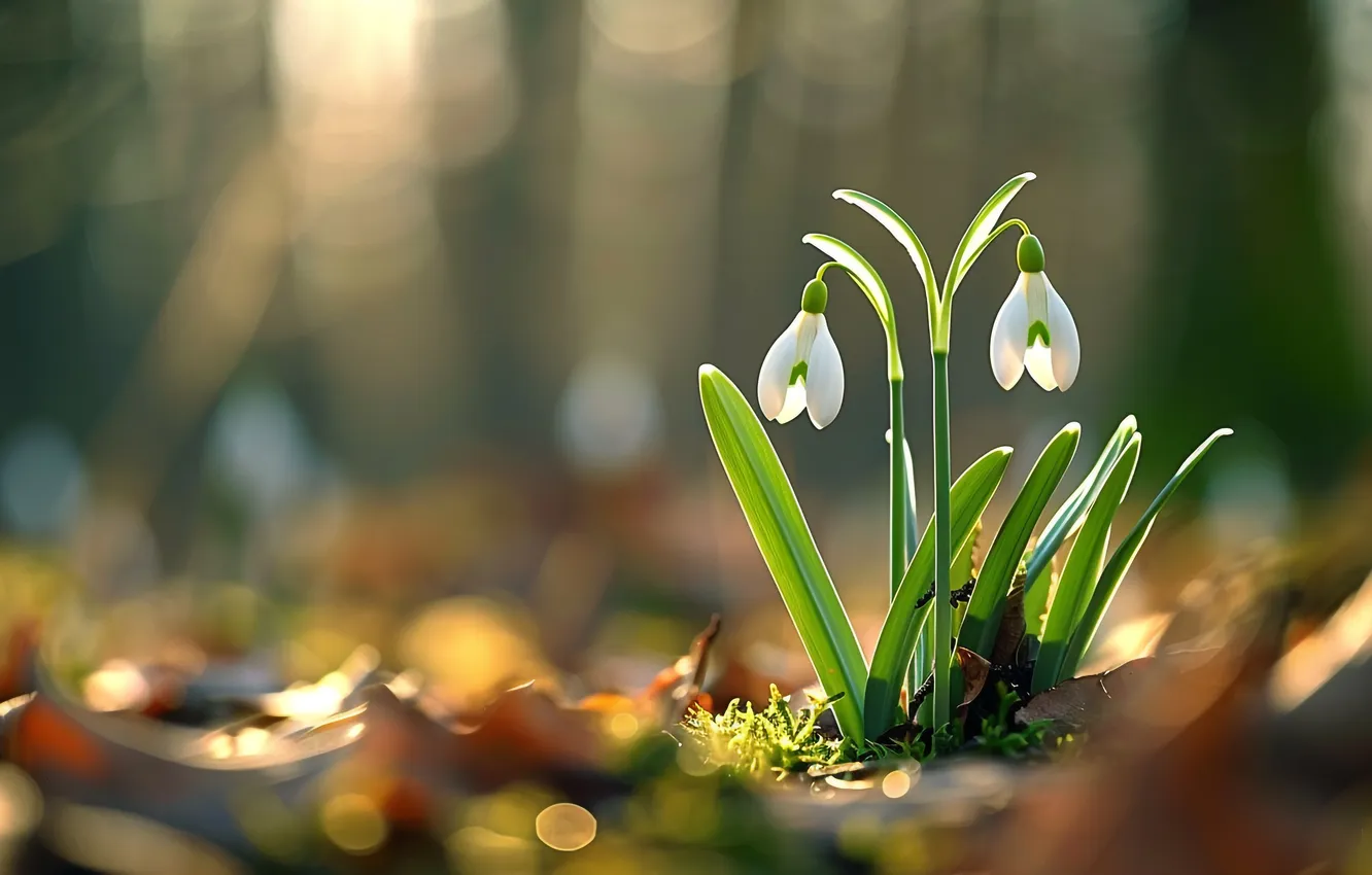 Photo wallpaper leaves, light, flowers, nature, glade, foliage, spring, snowdrops