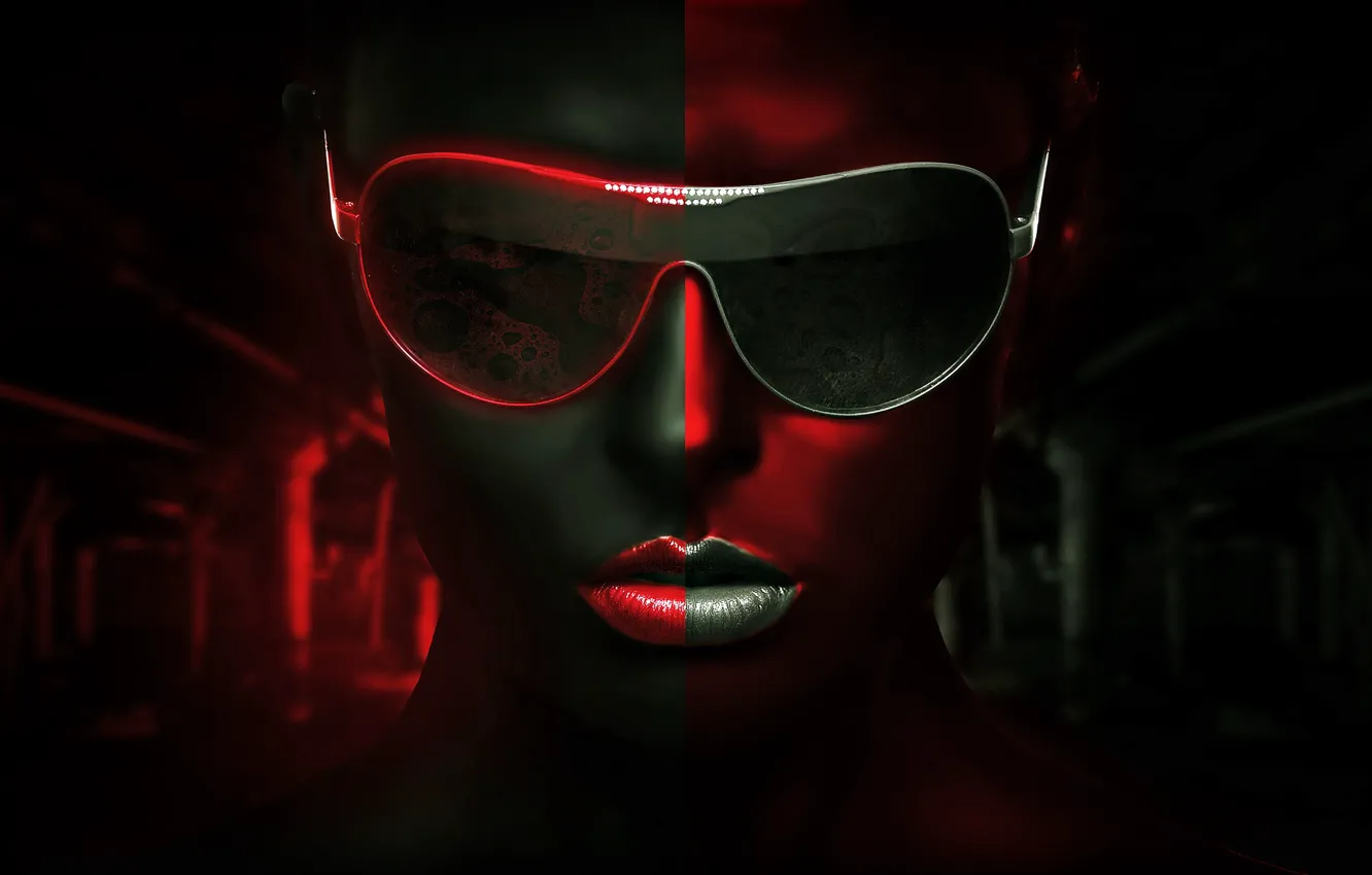 Photo wallpaper girl, glasses, legacy, BossLogic, red gray background