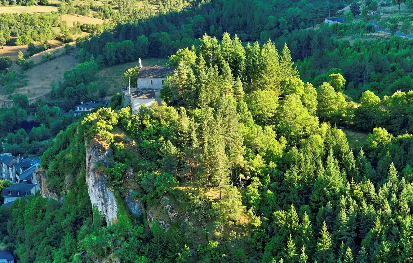 Photo wallpaper the city, France, mountain, temple, Meyrueis, The Rock of Meyrueis, Our Lady of the Rock