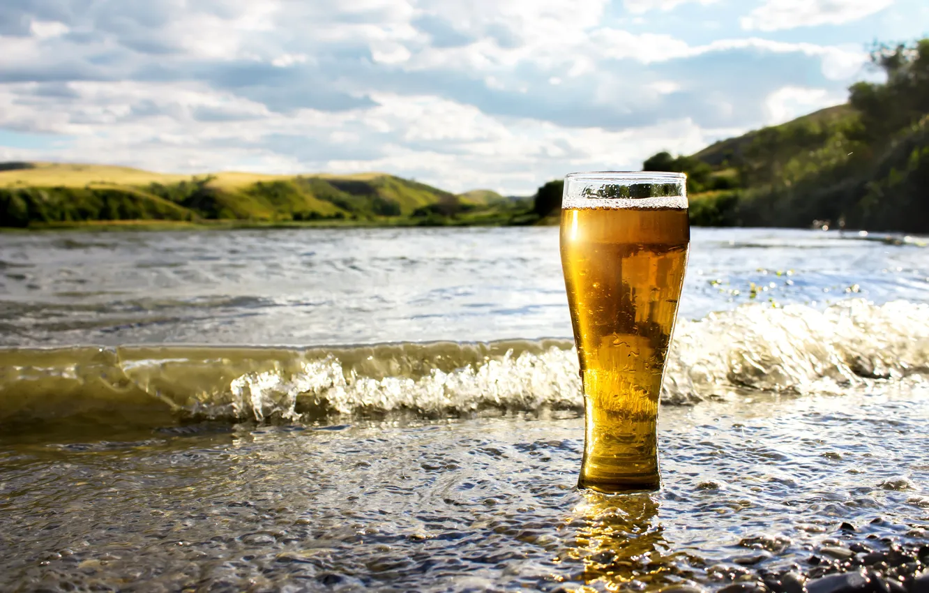 Photo wallpaper sea, water, the sun, landscape, glass, shore, beer, bokeh
