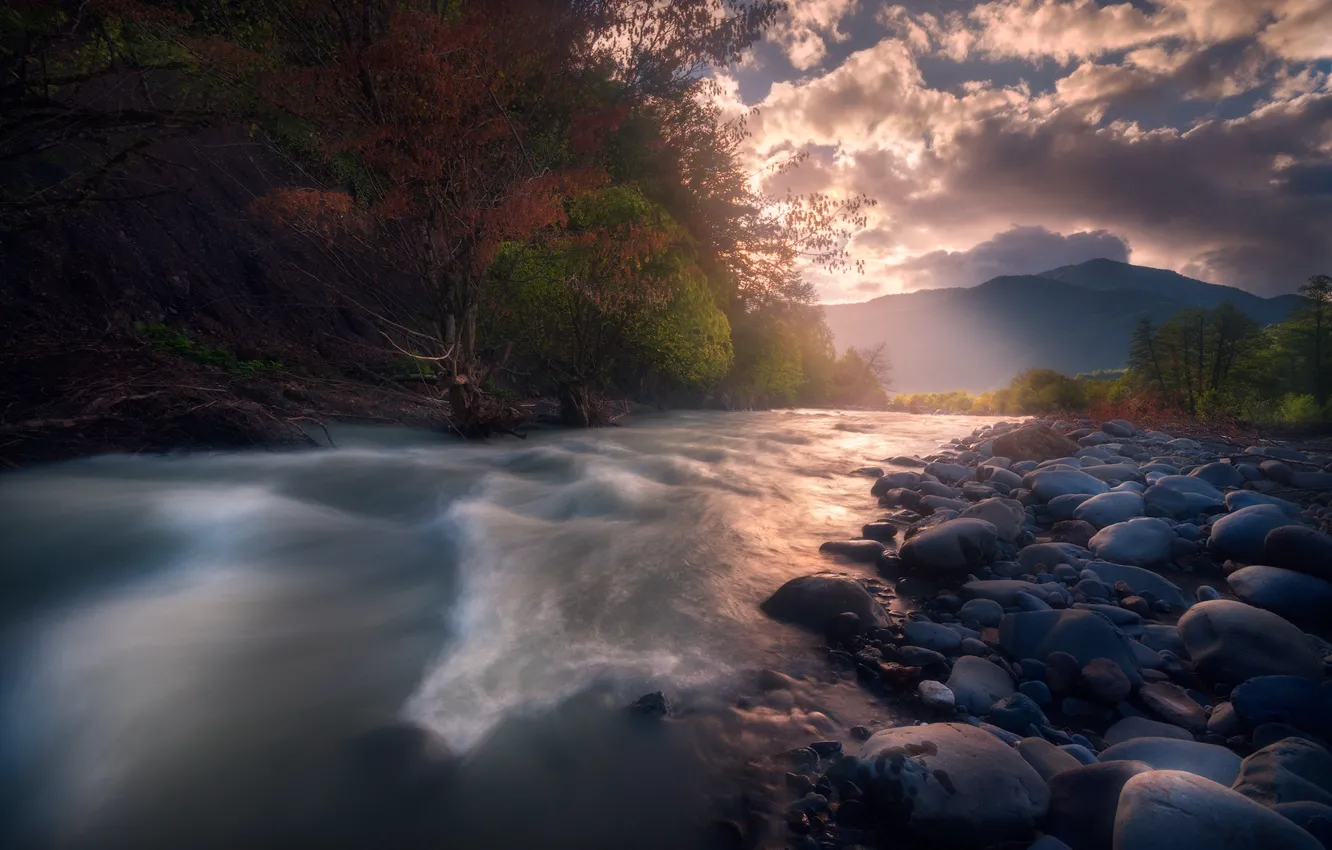 Photo wallpaper the sky, clouds, trees, landscape, mountains, nature, river, stones