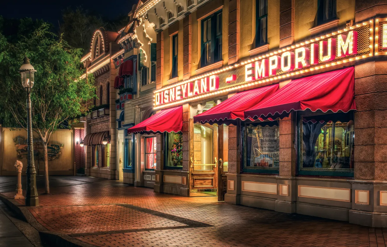 Photo wallpaper night, street, HDR, CA, lantern, USA, Disneyland, Disneyland