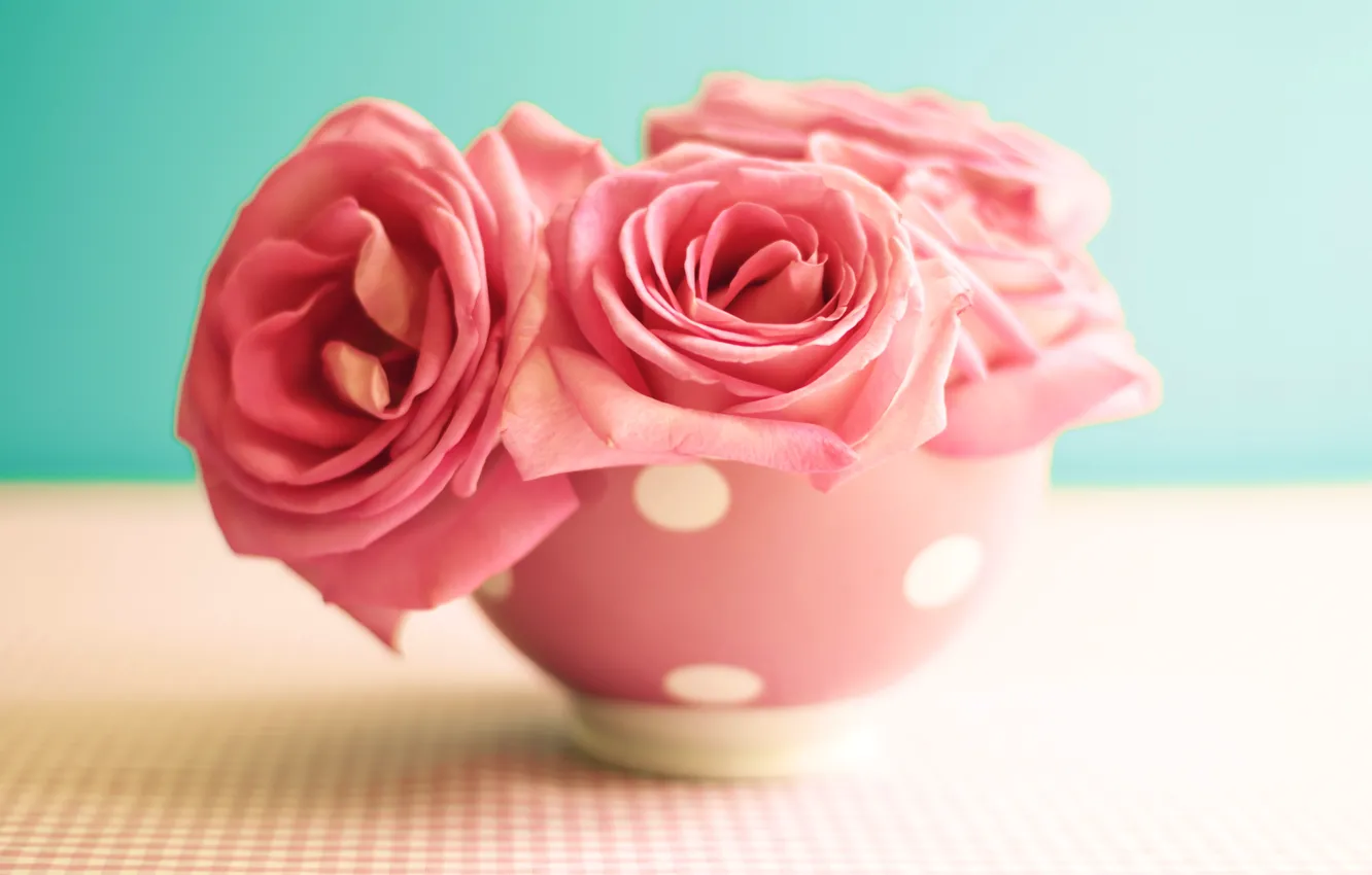 Photo wallpaper flowers, table, roses, mug, vintage, pink, vintage, flowers
