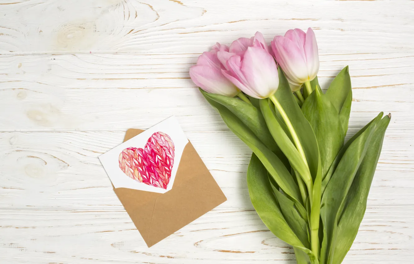 Photo wallpaper white, background, bouquet, pink, heart, wood, tulip, bouguet