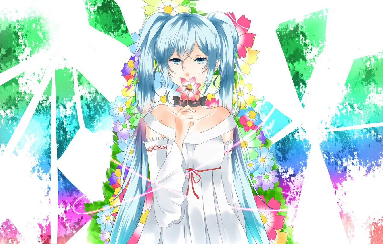Photo wallpaper flower, girl, dress, tape, Anime, blue eyes, vocaloid, long hair