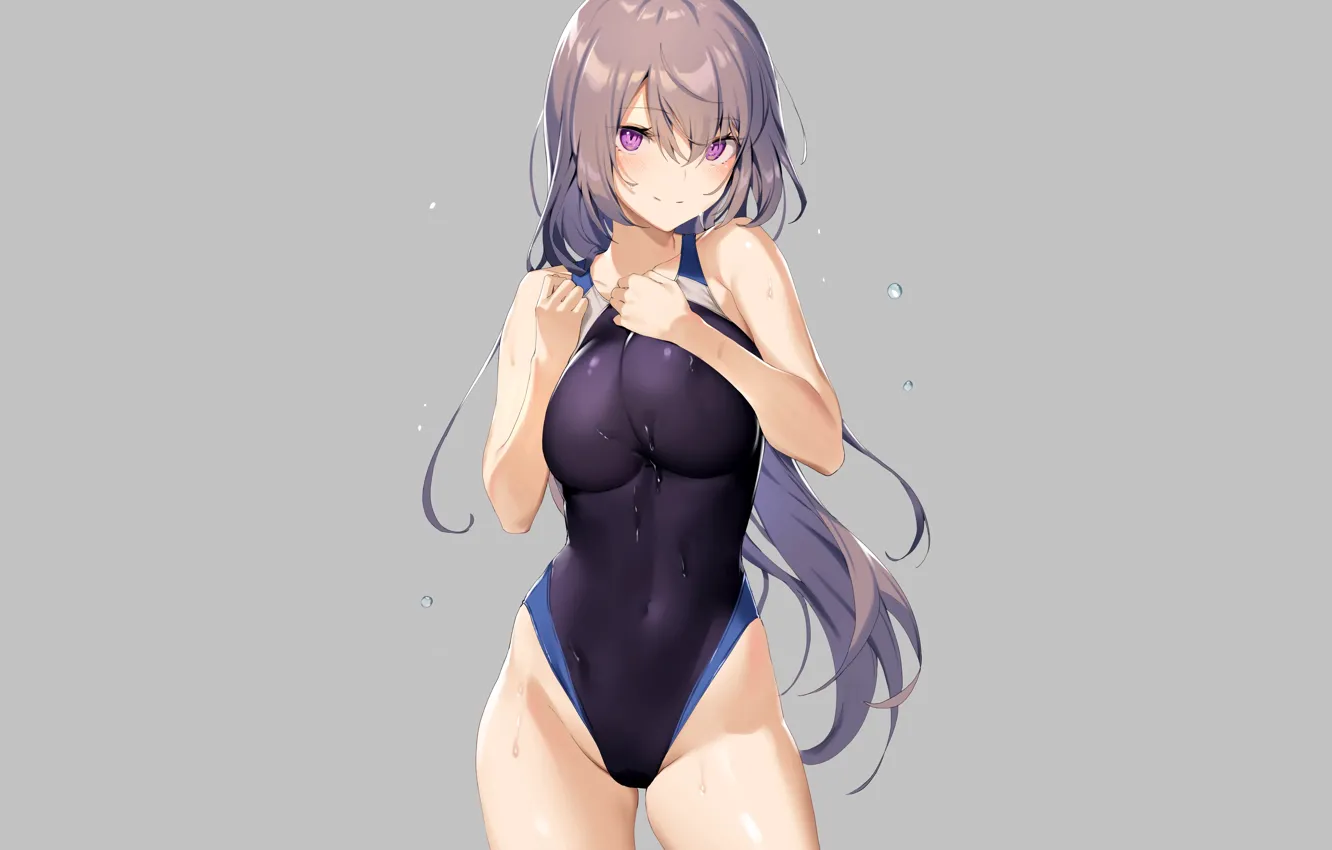 Photo wallpaper girl, sexy, wet, long hair, boobs, anime, beautiful, purple eyes