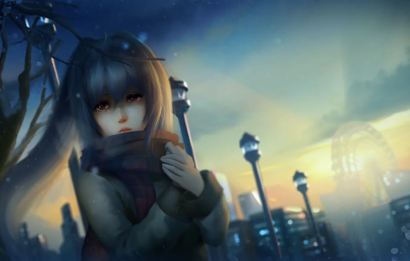 Photo wallpaper girl, the evening, art, Ferris wheel, isla, plastic memories, huykho192