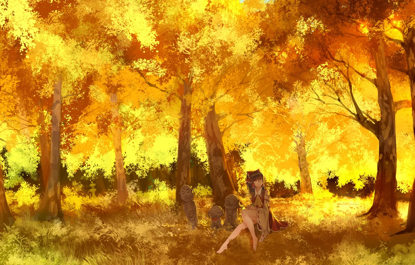 Photo wallpaper autumn, grass, look, girl, trees, foliage, dress, bow