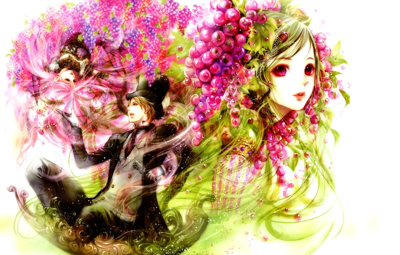 Photo wallpaper girl, hat, anime, art, grapes, microphone, guy, fruit