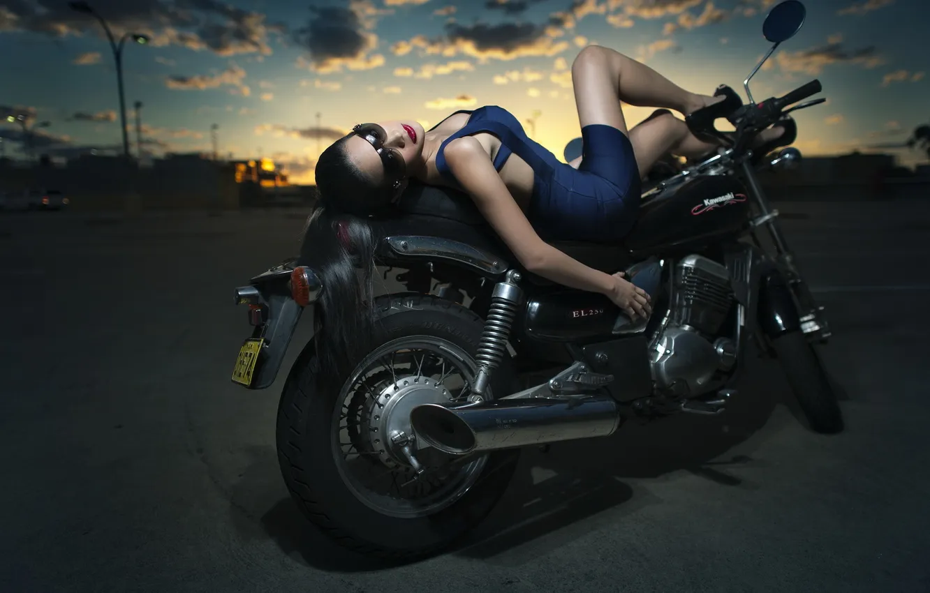 Photo wallpaper girl, sunset, motorcycle